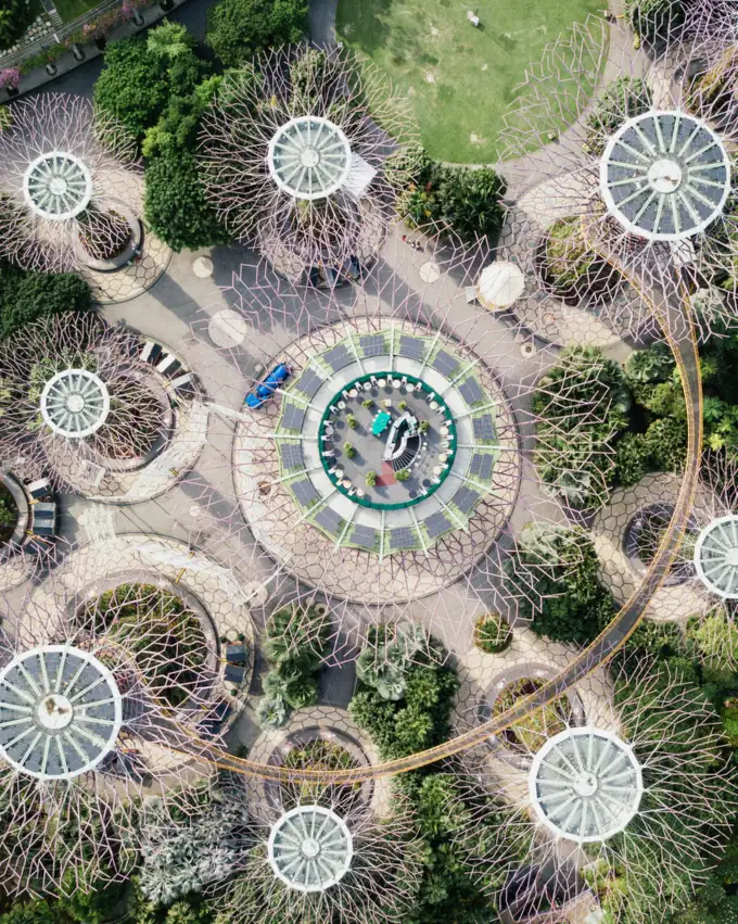 Aerial view of a garden network linked by walkways