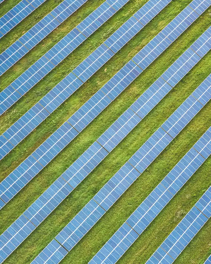 Rows of solar panels seen from above